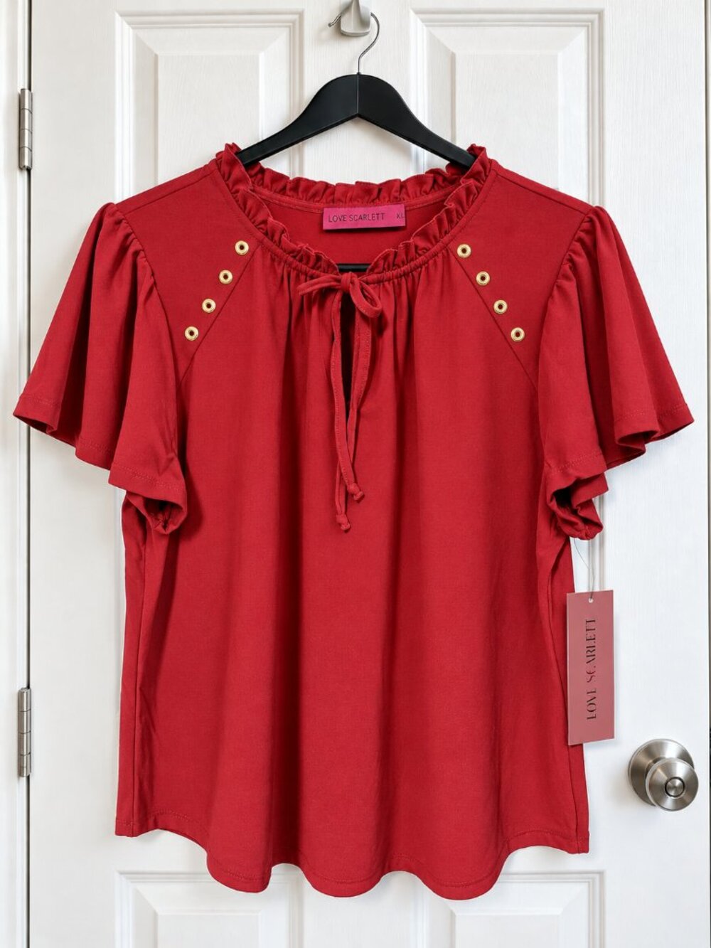 Sun-Dried Tomato Ruffle Tie Neck Blouse Gold Eyelet Short Sleeve Size L/G